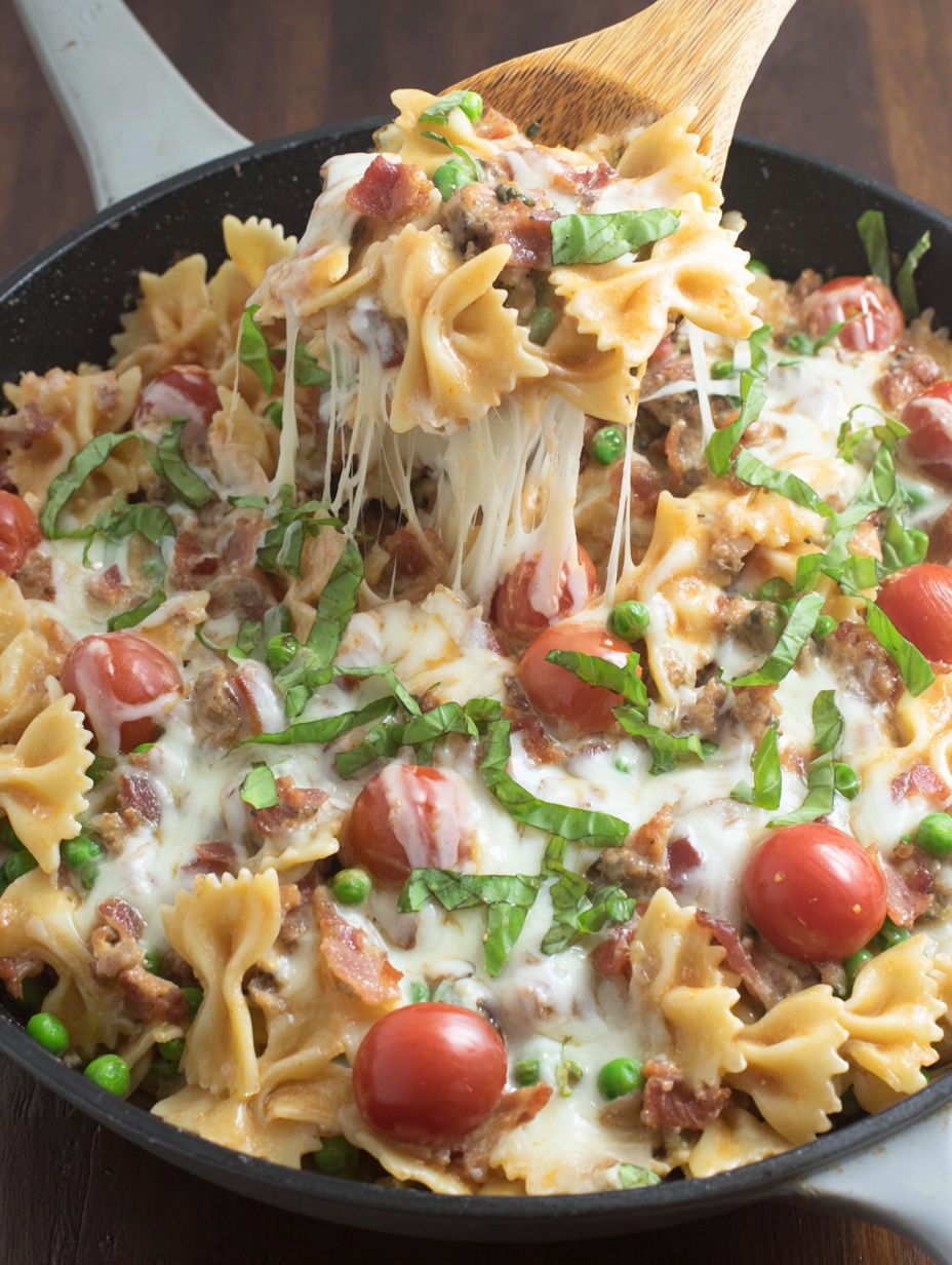 A bowl of pasta with cheese and tomatoes.