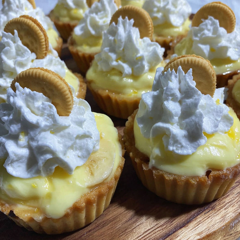 Bananen-Creme-Törtchen mit weißer Schlagsahne.