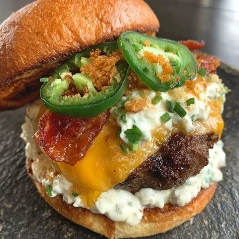 Ein Jalapeño-Käse-Burger mit Speck und Käse.