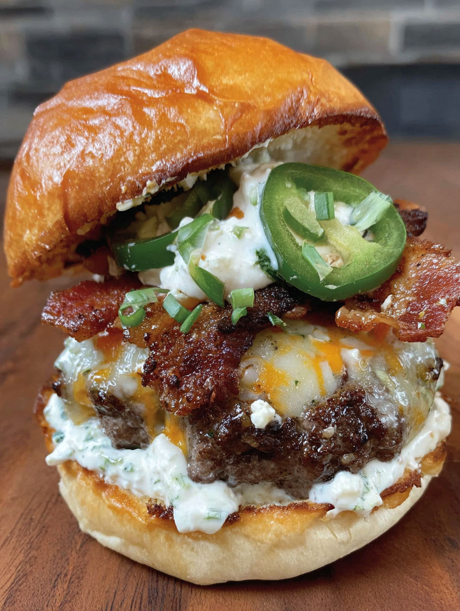 Ein Burger mit Speck und Jalapeños.