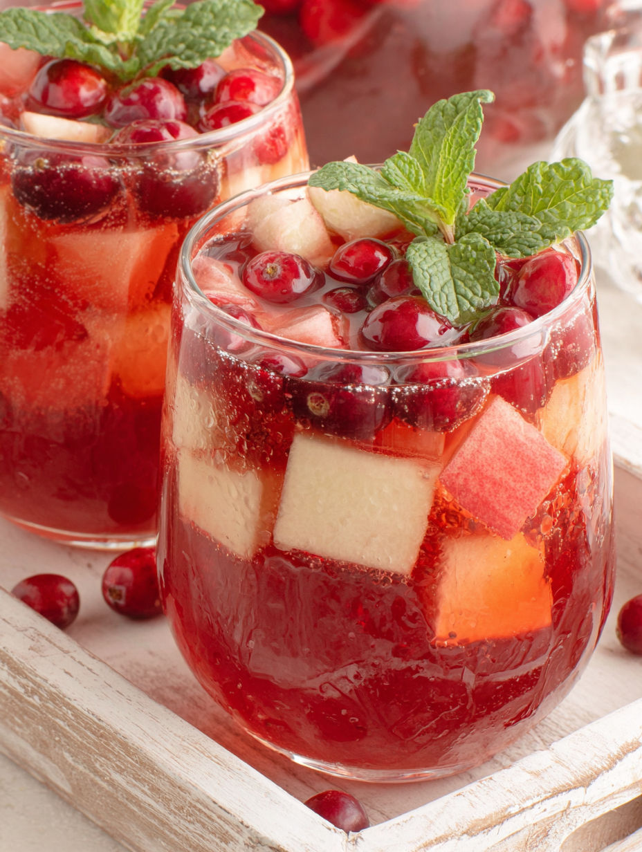 Ein Glas mit rotem Getränk und einer Apfelscheibe darin.