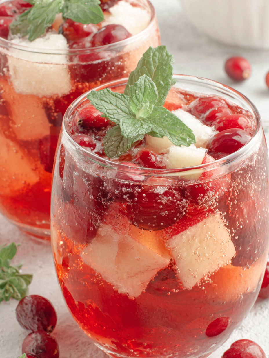 Ein Glas mit rotem Getränk und Minzgarnierung.
