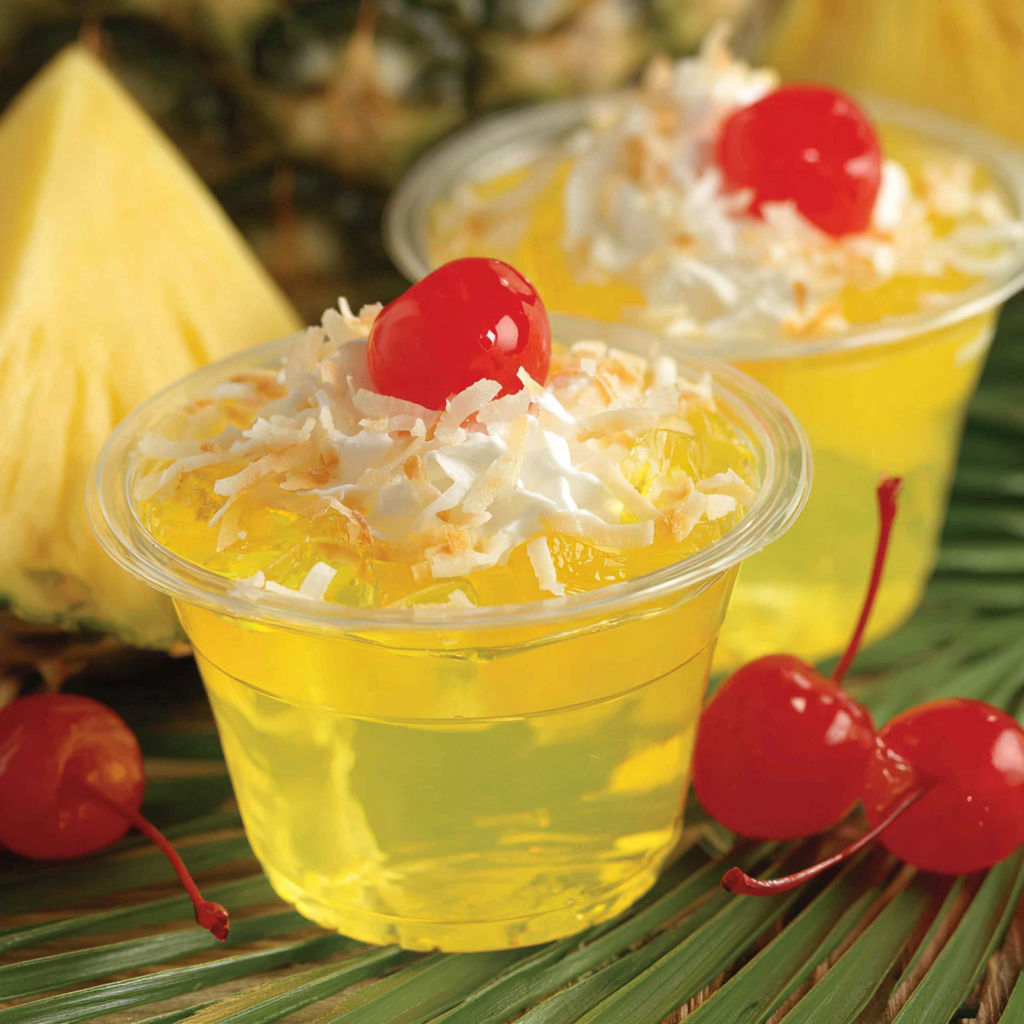 Zwei kleine Becher mit Ananas-Gelee-Shots.