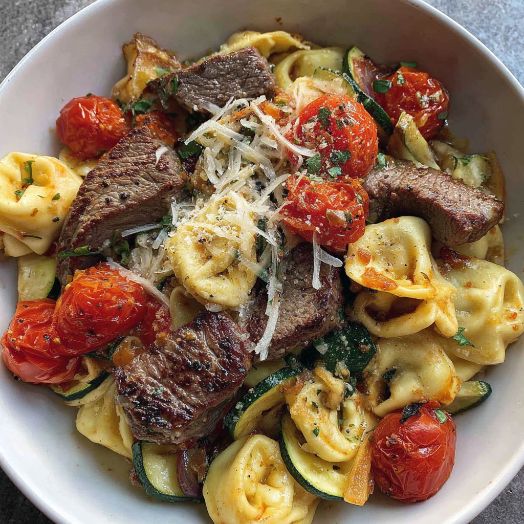 Eine Schüssel mit Essen, Tomaten, Zucchini und Fleisch.