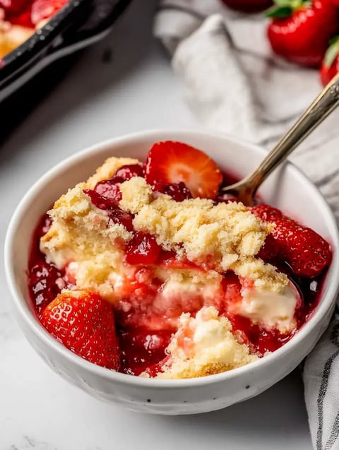 Eine Dessertschale mit cremigen Schichten, Erdbeersoße und frischen Erdbeeren, dazu ein goldbraunes Krümeltopping.