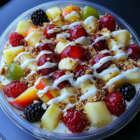 Eine Schale mit frischem Obst, garniert mit Joghurt und knusprigem Granola.