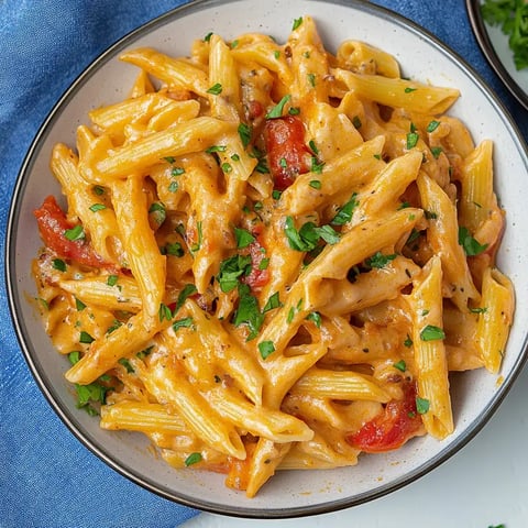 Eine Schüssel cremige Penne mit frischer Petersilie und gewürfelten Tomaten darauf.