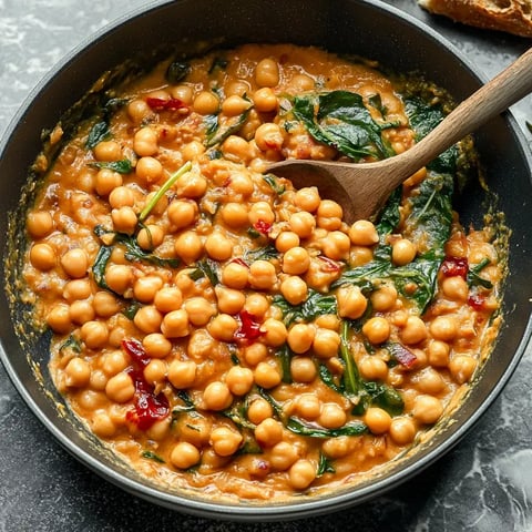 Eine Nahaufnahme einer Pfanne voller Kichererbsen, Spinat und Gewürzen. Das Ganze wird mit einem Holzlöffel umgerührt.
