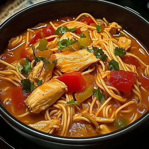 Eine Schüssel mit Hühnersuppe, Fideo-Nudeln, Paprikastreifen, Tomaten und frischem Koriander.
