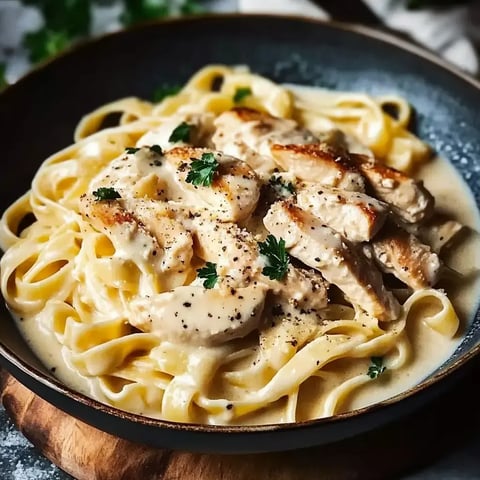 Eine Schale mit cremiger Fettuccine Pasta, belegt mit geschnittenem, gegrilltem Hähnchen und mit Petersilie garniert.