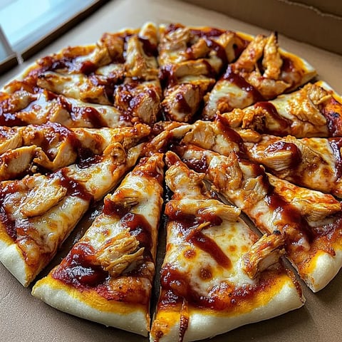 Eine Nahaufnahme einer Pizza mit Hähnchenstücken und Barbecue-Sauce, in Scheiben geschnitten.