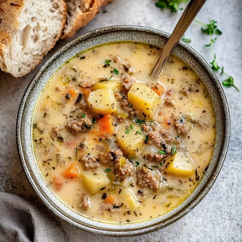 Eine Schale cremige Suppe mit Hackfleisch, Kartoffeln, Karotten und Kräutern, serviert mit Brotscheiben.
