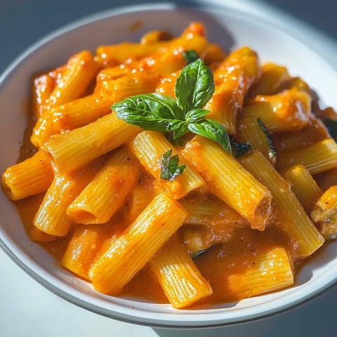 Eine Schale Rigatoni-Pasta in einer cremigen Tomatensauce, garniert mit frischen Basilikumblättern.