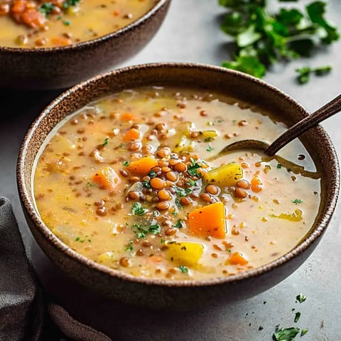 Nahaufnahme einer Schale Linsensuppe mit gewürfeltem Gemüse, einem Löffel und frischen Kräutern als Garnitur.