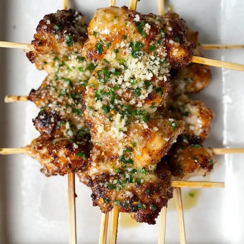 Ein Nahaufnahme von gegrillten Spießen, garniert mit Kräutern und geriebenem Käse auf einem weißen Teller.