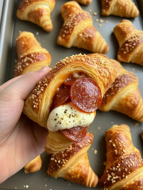 Eine Hand hält ein frisch gebackenes Croissant gefüllt mit Peperoni und Käse, weitere Croissants im Hintergrund sichtbar.