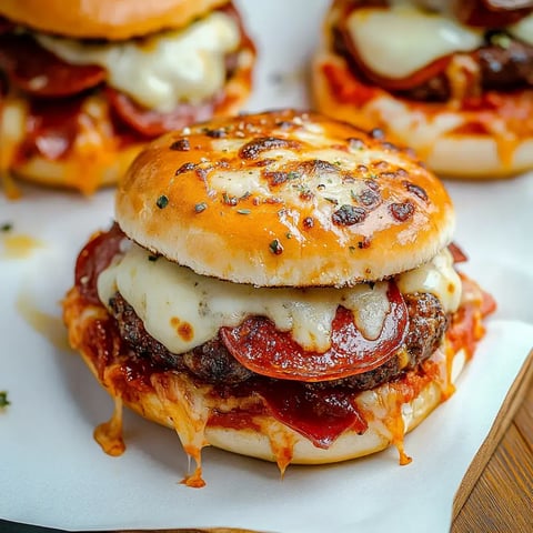 Nahaufnahme eines saftigen Burgers mit Peperoni auf einem getoasteten Brötchen. Käse und Soße laufen heraus.