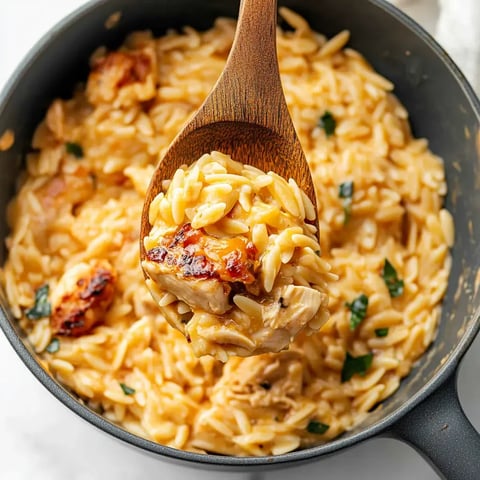 Ein Holzlöffel hebt cremige Orzo-Pasta mit Hühnchenstücken aus einem schwarzen Topf.