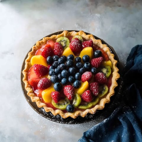 Eine bunte Tarte mit Erdbeeren, Blaubeeren, Kiwi und Mangoscheiben auf einem dunklen Teller.