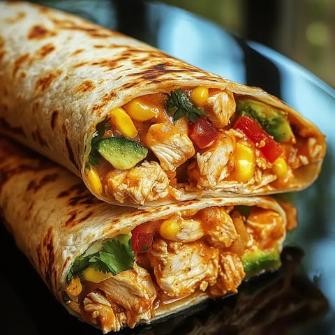 Zwei gegrillte Hähnchen-Burritos gefüllt mit Mais, gewürfelten Tomaten, Avocado und Koriander, serviert auf einem schwarzen Teller.