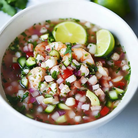 Eine Schüssel Garnelen-Ceviche, garniert mit Koriander und Limetten, dazu bunte Gemüsewürfel.