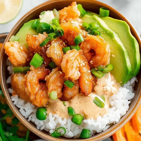 Eine Reisschale mit Shrimps, Avocadoscheiben, Frühlingszwiebeln und cremiger Soße.