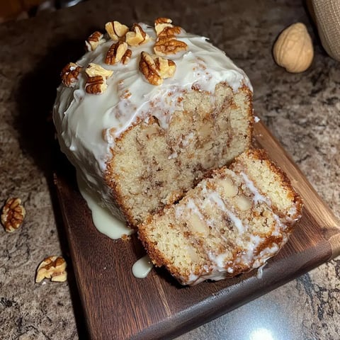 Ein geschnittenes Kuchenstück mit Frischkäsecreme und Pecans auf einem Holzbrett.