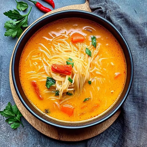 Eine Schüssel cremige orangefarbene Suppe mit dünnen Nudeln, roten Paprikastücken und grünen Kräutern auf einer Holzoberfläche.