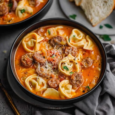 Nahaufnahme einer Schüssel cremiger Tortellini-Suppe mit Wurst, Tomaten und Kräutern, begleitet von einer Brotscheibe.