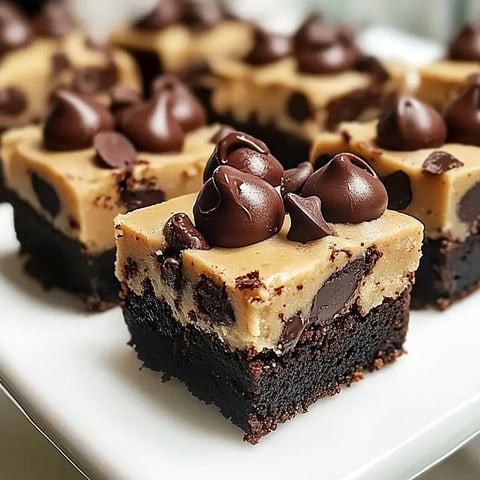 Nahaufnahme von Schokoladen-Brownie-Häppchen mit Cookie Dough und Schokotropfen.