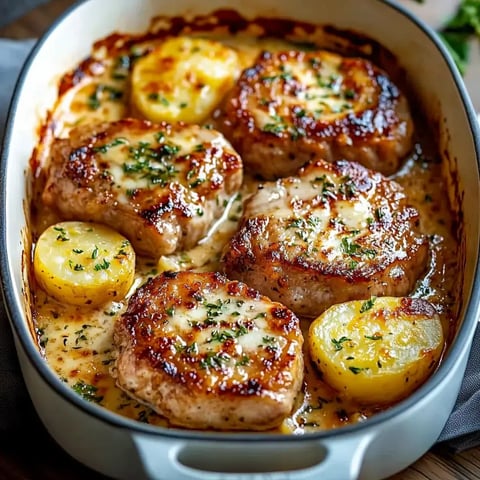 Goldbraune Koteletts und Kartoffelscheiben in einer cremigen Sauce, mit Kräutern verziert und in einer runden Auflaufform serviert.
