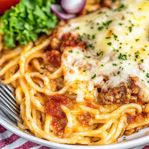 Nahaufnahme einer Schüssel Spaghetti mit Käse überzogen, dazu Sauce und Petersilien-Dekor, daneben Salat und Zwiebeln.