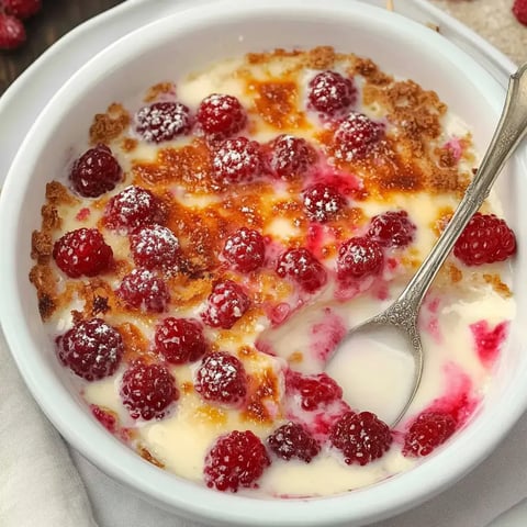 Ein cremiges Dessert mit Himbeeren und einer goldenen, knusprigen Kruste, serviert in einer weißen Schale mit einem Löffel.