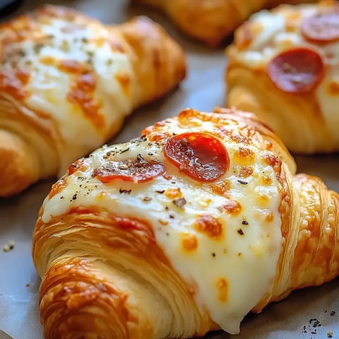 Nahaufnahme von goldbraun gebackenen Croissants mit geschmolzenem Käse, Pepperoni und frischen Kräutern.