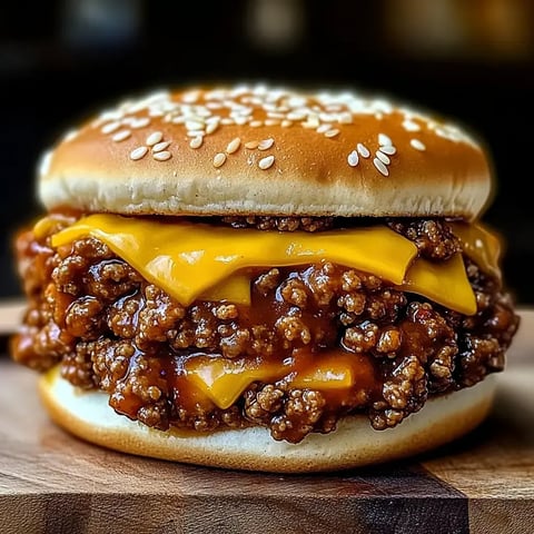 Nahaufnahme eines Cheeseburgers mit Sesambrötchen, zwei Schichten geschmolzenem Käse und viel Hackfleisch in einer würzigen Sauce.