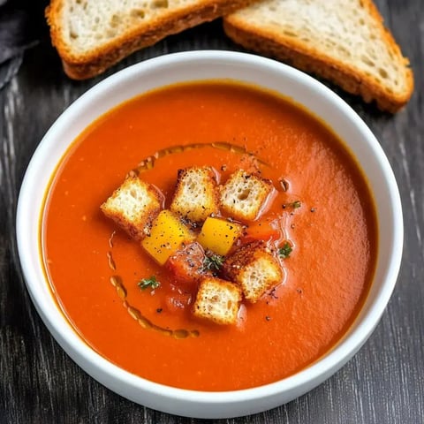 Eine Schüssel cremige Tomatensuppe mit Croutons und Mangostückchen, dazu Brot scheiben.