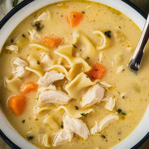 Nahaufnahme einer Schüssel Hühnchensuppe mit Nudeln, Hähnchenstückchen, Karotten und frischen Kräutern in einer cremigen Brühe.