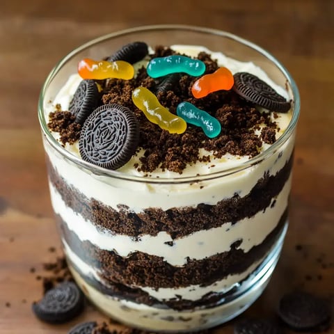 Ein geschichtetes Dessert in einem klaren Glas mit Schokokekskrümeln, cremiger Füllung und Gummiwürmern als Dekor.