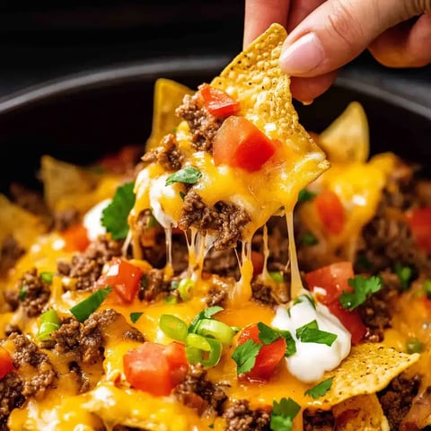 Eine Hand hebt einen Chip mit geschmolzenem Käse, Hackfleisch, Tomaten und Frühlingszwiebeln von einem Teller mit käsigen Nachos.