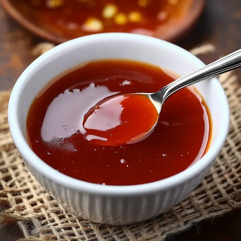 Eine weiße Schale mit glänzender roter Sauce und einem silbernen Löffel darin, auf einer strukturierten braunen Oberfläche.