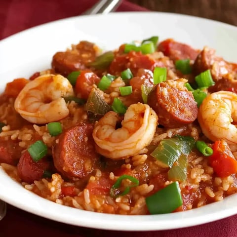 Nahaufnahme einer Schüssel mit Garnelen- und Wurst-Jambalaya, dazu Reis, Tomaten und Frühlingszwiebeln.