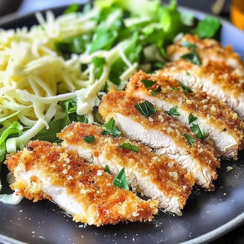 Ein Teller mit knusprigem Hähnchenfilet garniert mit Petersilie, serviert mit gemischten Salatblättern und geriebenem Käse.