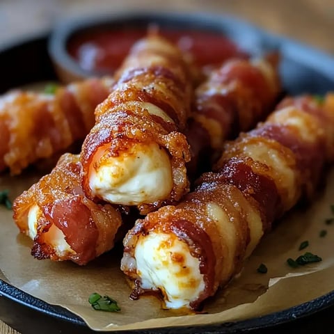 Ein Teller mit knusprigen Bacon-Mozzarella-Sticks, serviert mit Dip.