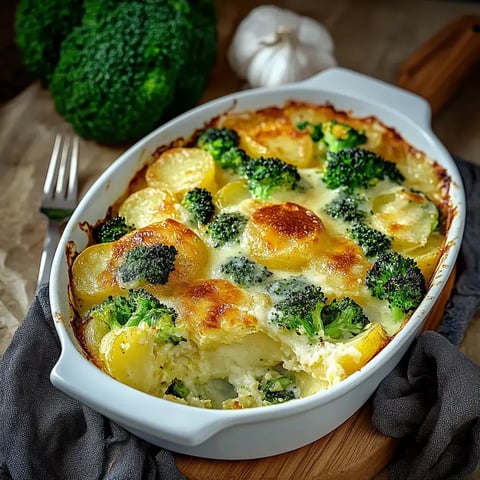 Brokkoli-Kartoffel-Gratin mit geschmolzenem Käse in einer weißen Auflaufform angerichtet.