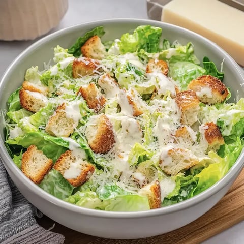 Knackiger Caesar-Salat mit Croûtons, frischem Romaine und Parmesan in einer großen Schüssel.