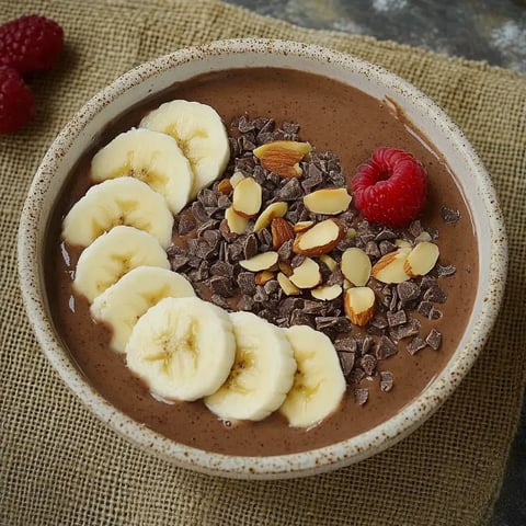 Eine Schüssel mit cremiger Schoko-Bowl, dekoriert mit frischen Bananen, Schokoladenstückchen und Mandelsplittern.