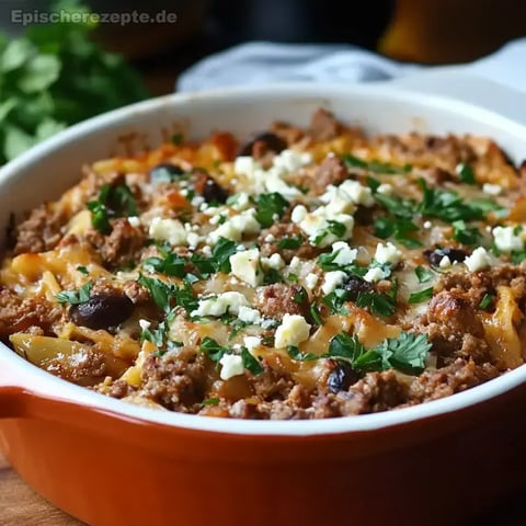 Hackauflauf mit Kritharaki und würzigem Feta