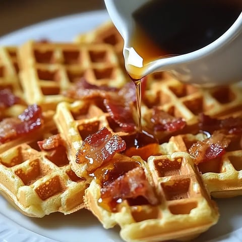 Ein Teller mit Waffeln, knusprigem Bacon und Honigbutter.