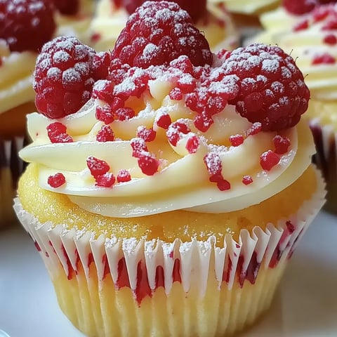 Nahaufnahme eines dekorierten Cupcakes mit Himbeeren und Streuseln, einer cremigen Haube und weißer Muffinform.