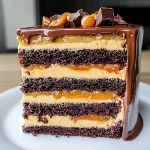 Ein Stück Schicht-Schokokuchen mit wechselnden Schichten aus Karamell und Erdnussbutter, bedeckt mit Schokoladenganache und knusprigem Topping.